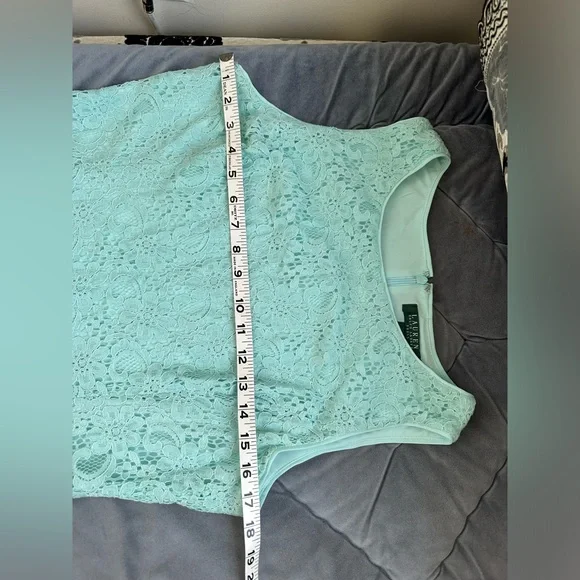 Lauren Ralph Lauren dress sea foam green teal lace overlay lined knee length 12 - Picture 9 of 11